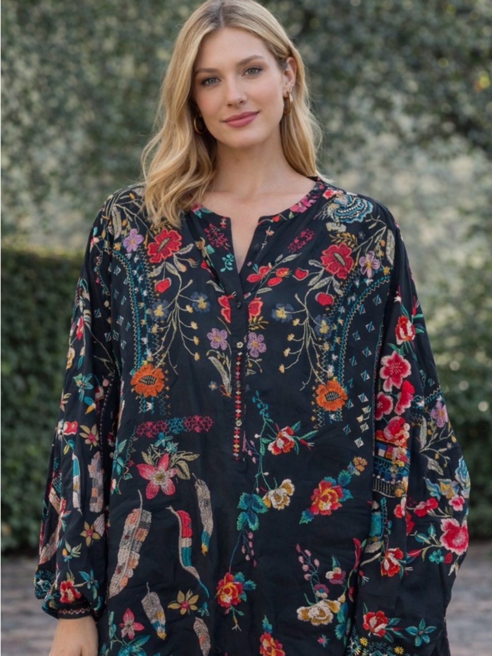 Johnny Was Black Floral Embroidered Tunic Top